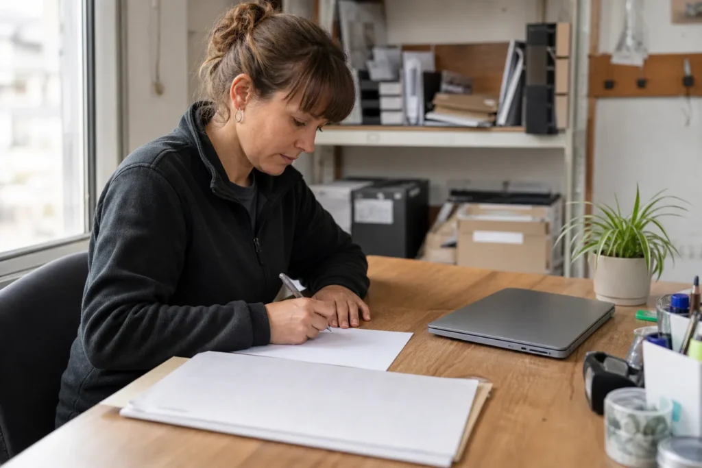 Employée d’une PME préparant une note expurgée avant d’utiliser un outil d’intelligence artificielle