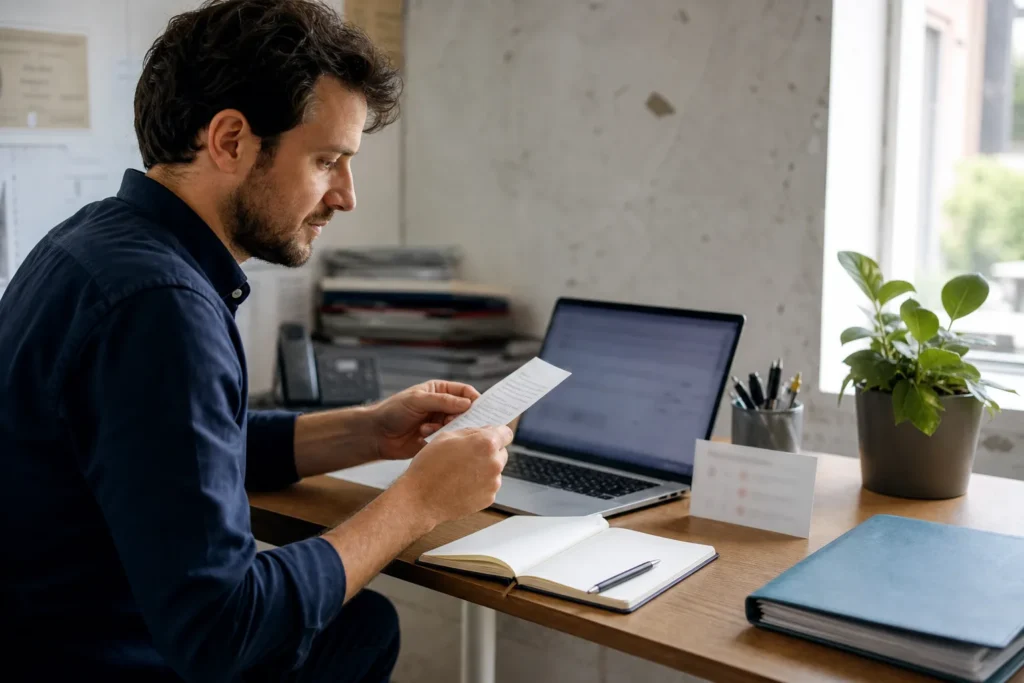 Salarié d’une PME relisant une note expurgée avant d’utiliser ChatGPT pour une tâche professionnelle