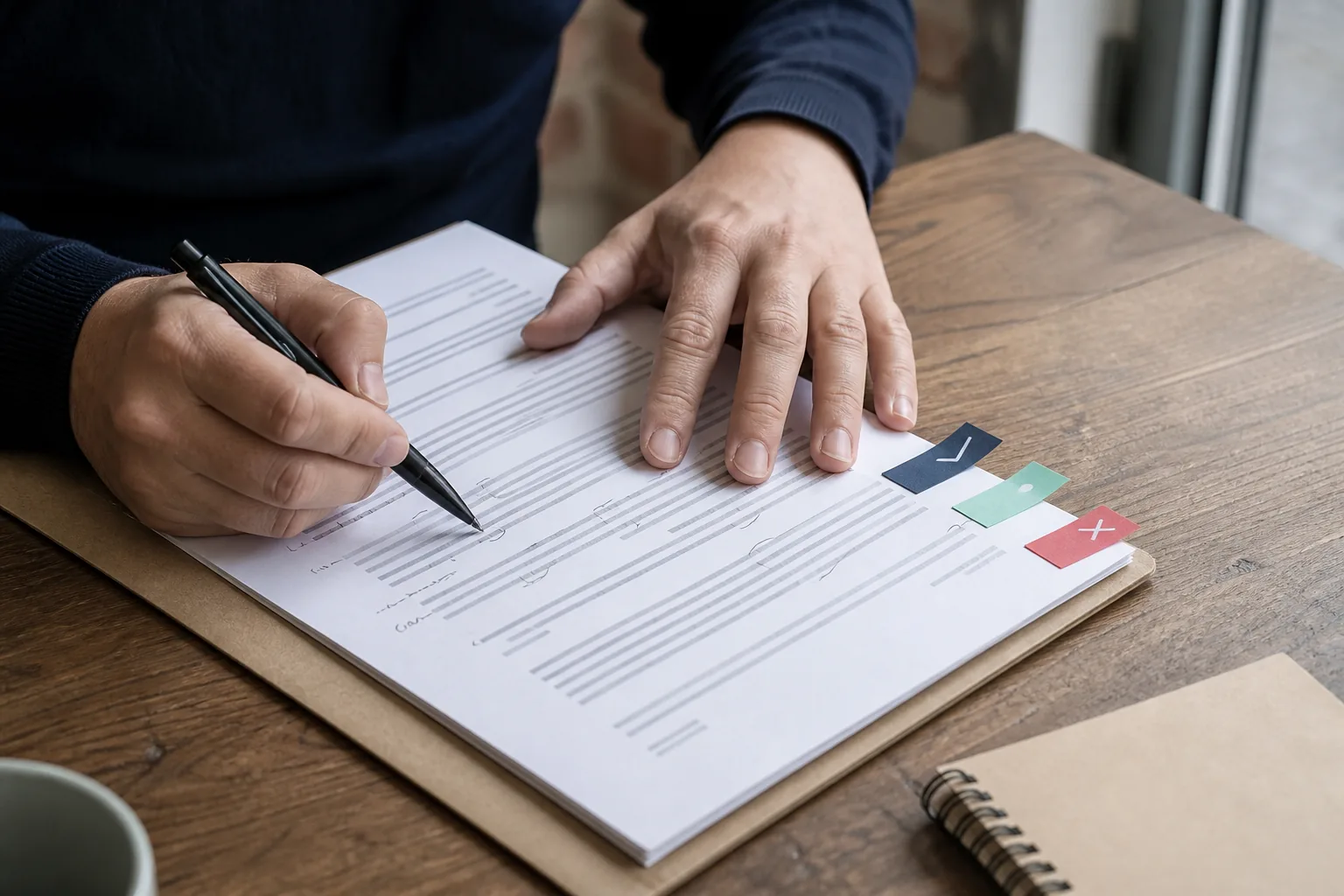 Professionnel annotant un projet de politique interne sur l’intelligence artificielle avec des repères d’autorisation et de signalement