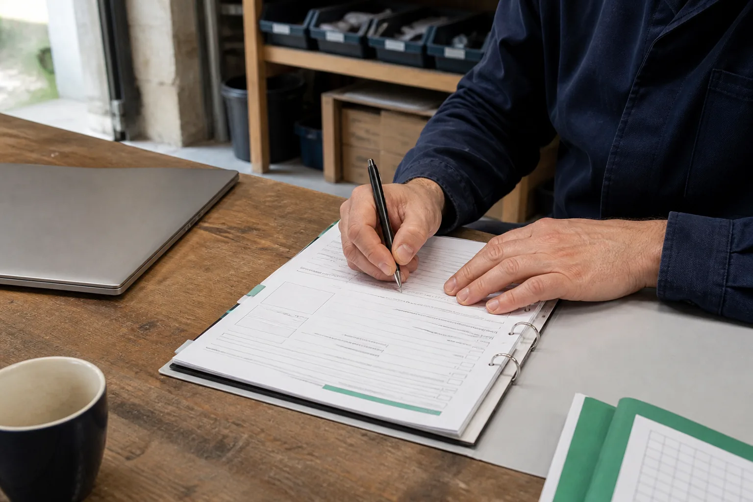 Responsable de PME renseignant sur papier une fiche de registre des usages d’intelligence artificielle