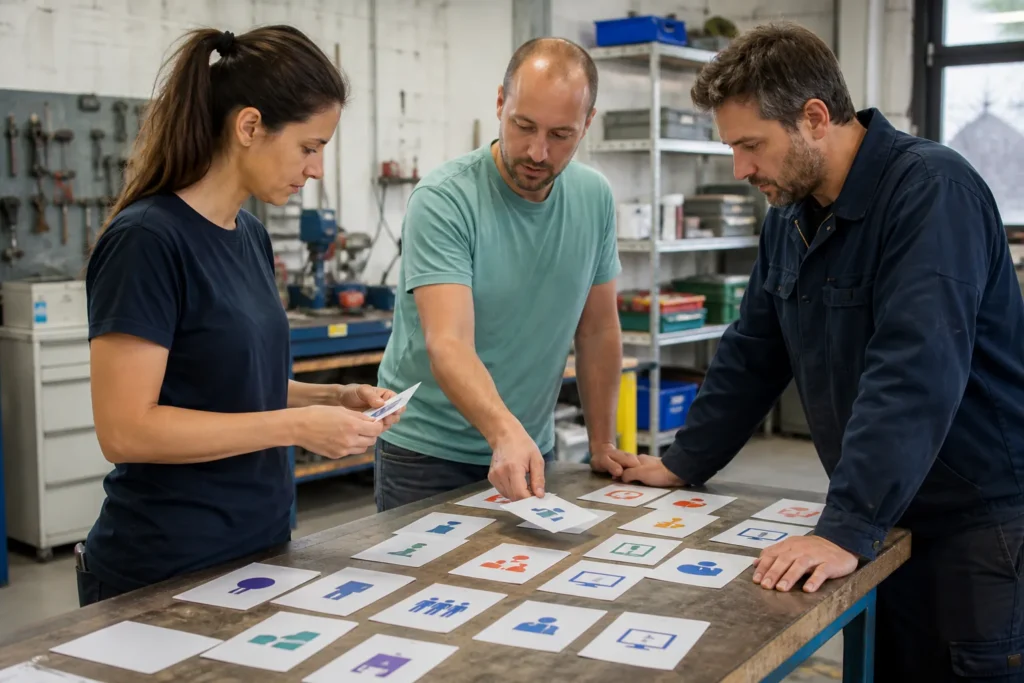 Trois professionnels d’une PME réalisant un exercice pratique de sensibilisation aux usages de l’intelligence artificielle dans un atelier