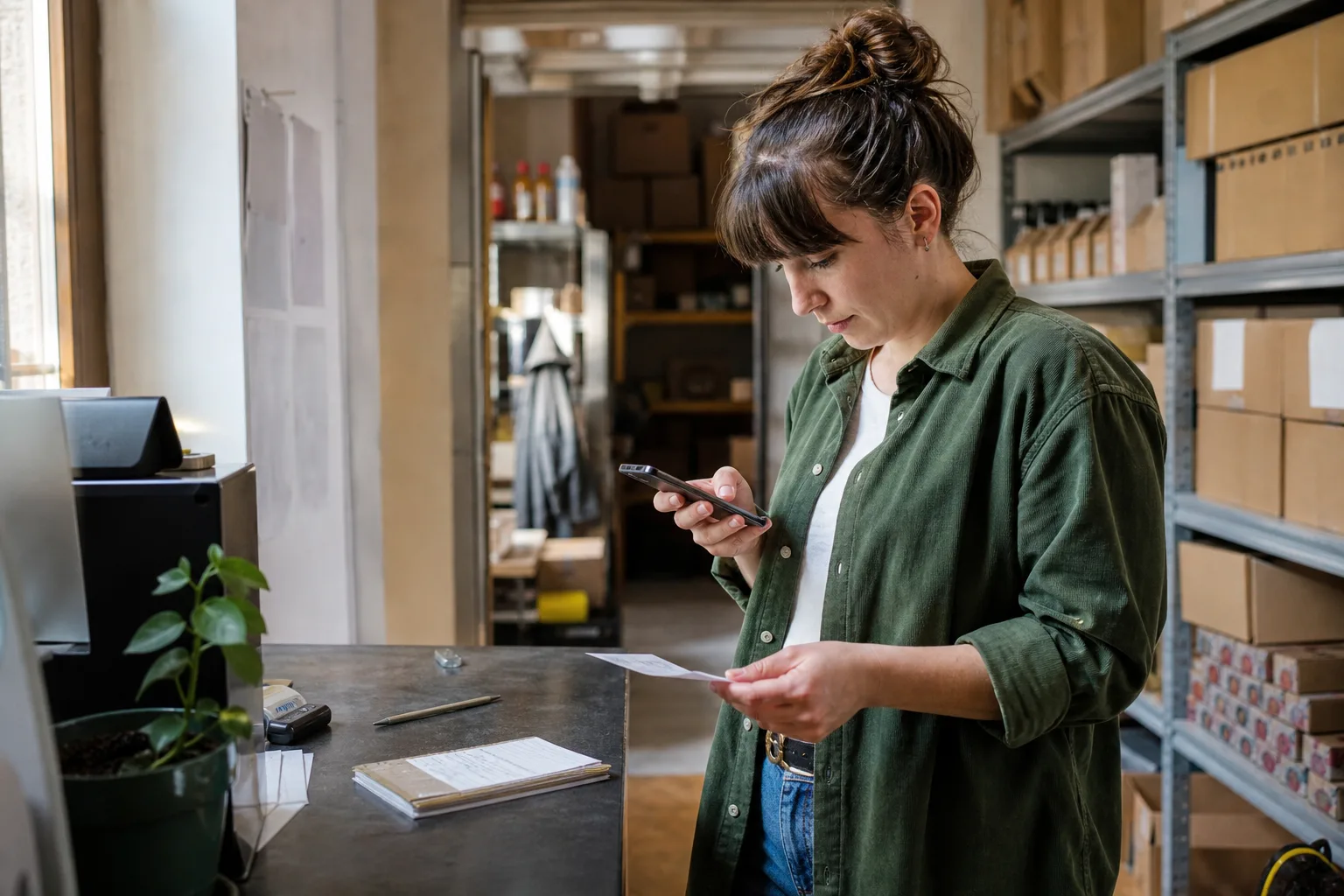 Employée d’une petite entreprise testant spontanément un assistant d’intelligence artificielle sur un smartphone